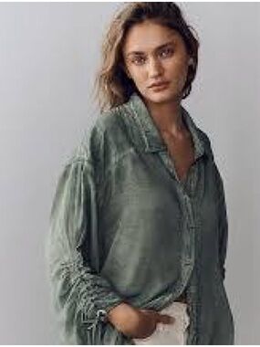 Pilcro Sage Green Button-Front Blouse Cinched-Sleeve Sz S